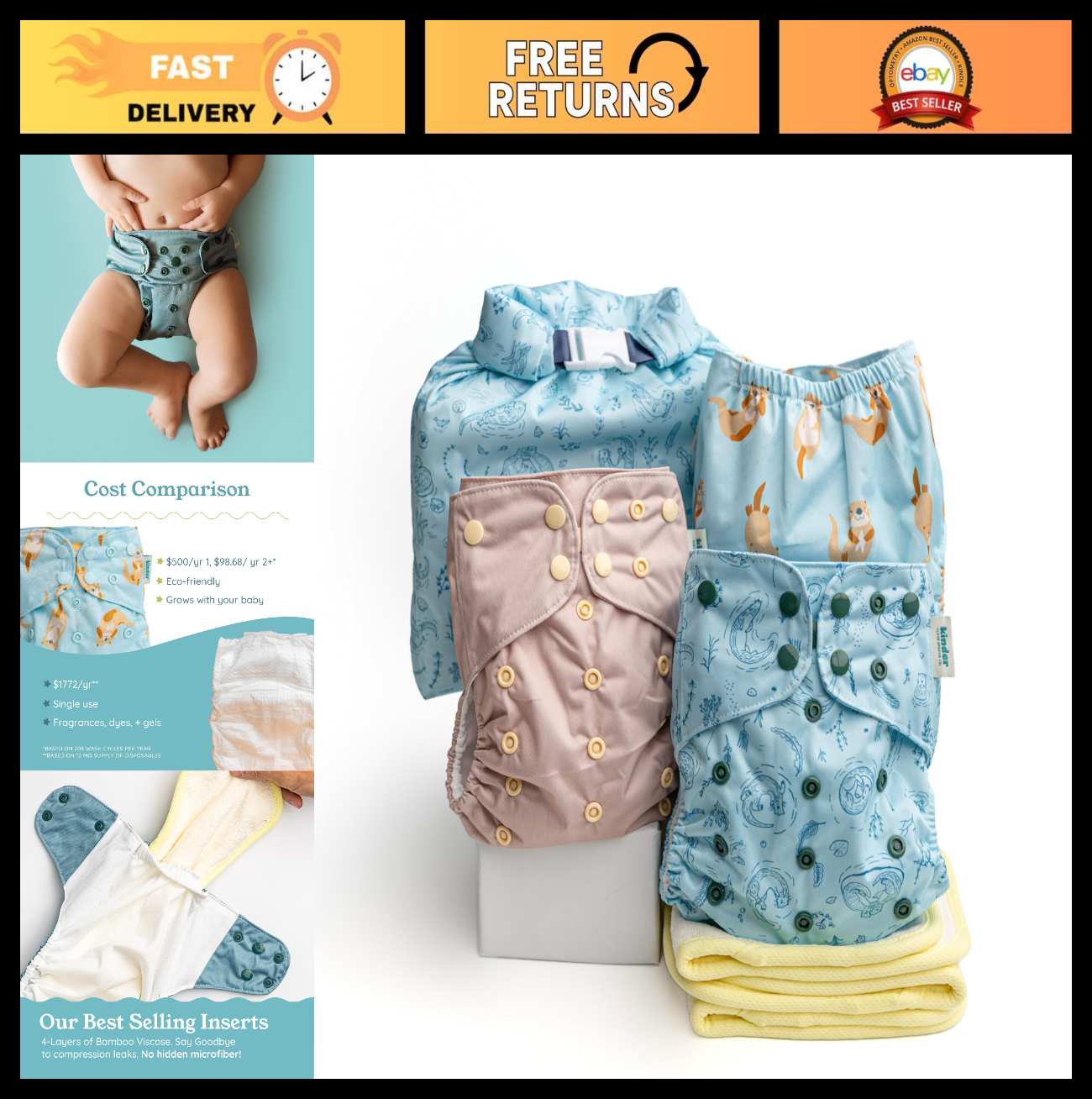 Reusable Cloth Diapers Pocket Style, Bamboo Inserts, Wet Bag, Newborn to Potty T0