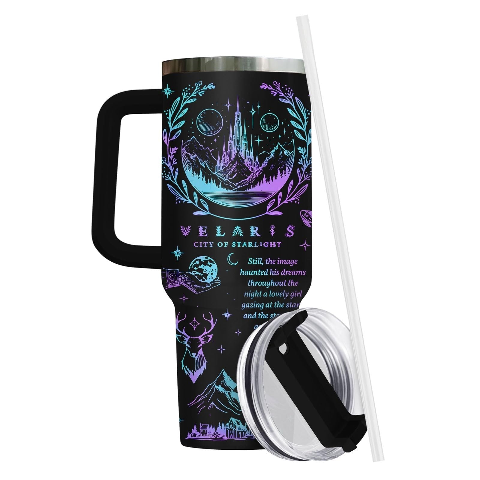 40oz Insulated Tumbler with Handle & Straw   Celestial Night Sky Design, Perfect3