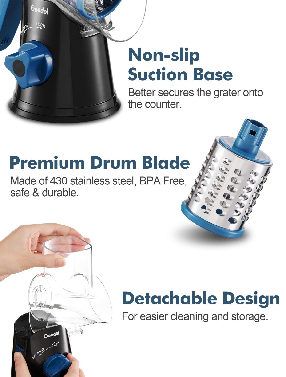 Rotary Cheese Grater & Vegetable Slicer   3 Blades, Easy Clean, Suction Base, BP7
