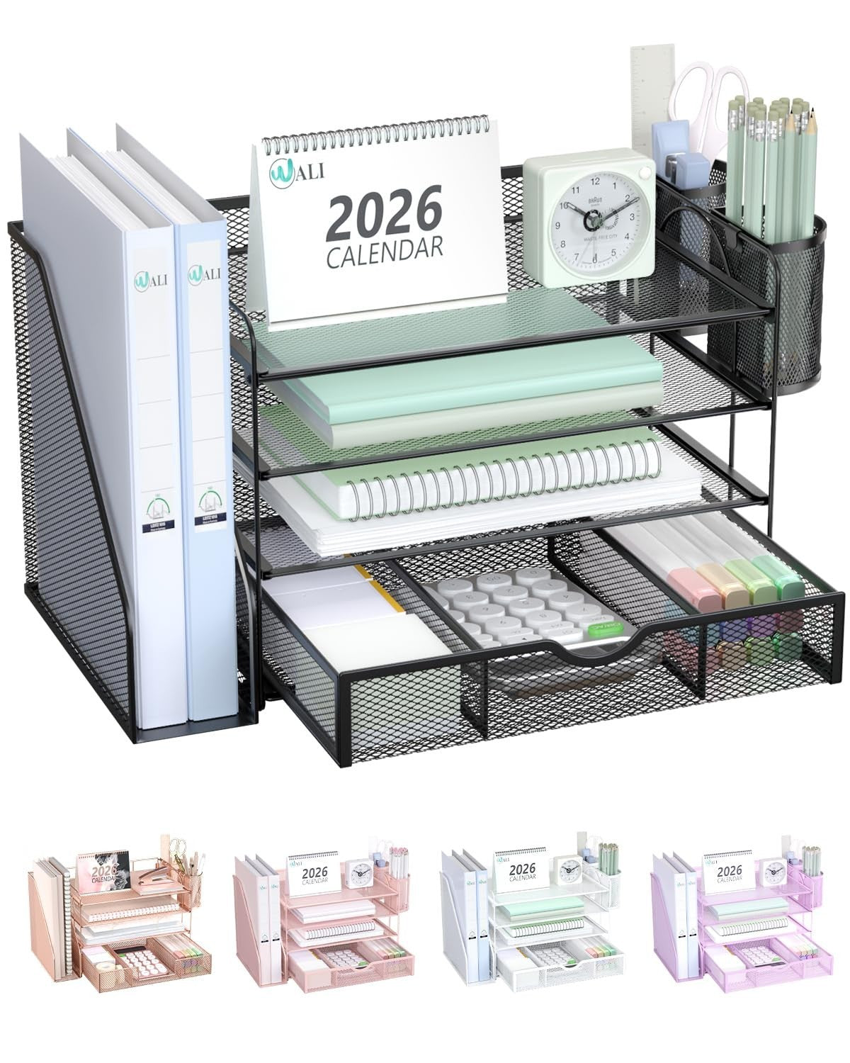 4 Tier Desktop File Organizer with Drawer & Pen Holders   Office Desk Accessorie1