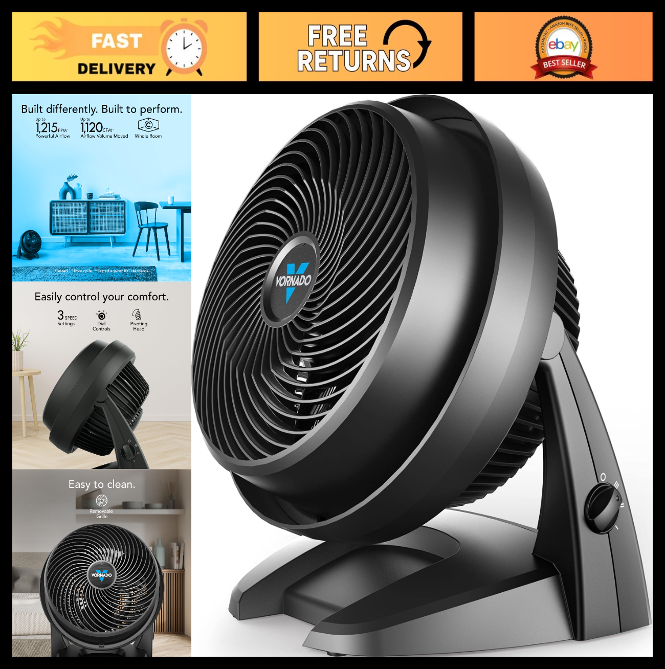 Medium Air Circulator Fan - 3 Speed, Adjustable Tilt, Quiet Cooling, 9in Floor F0