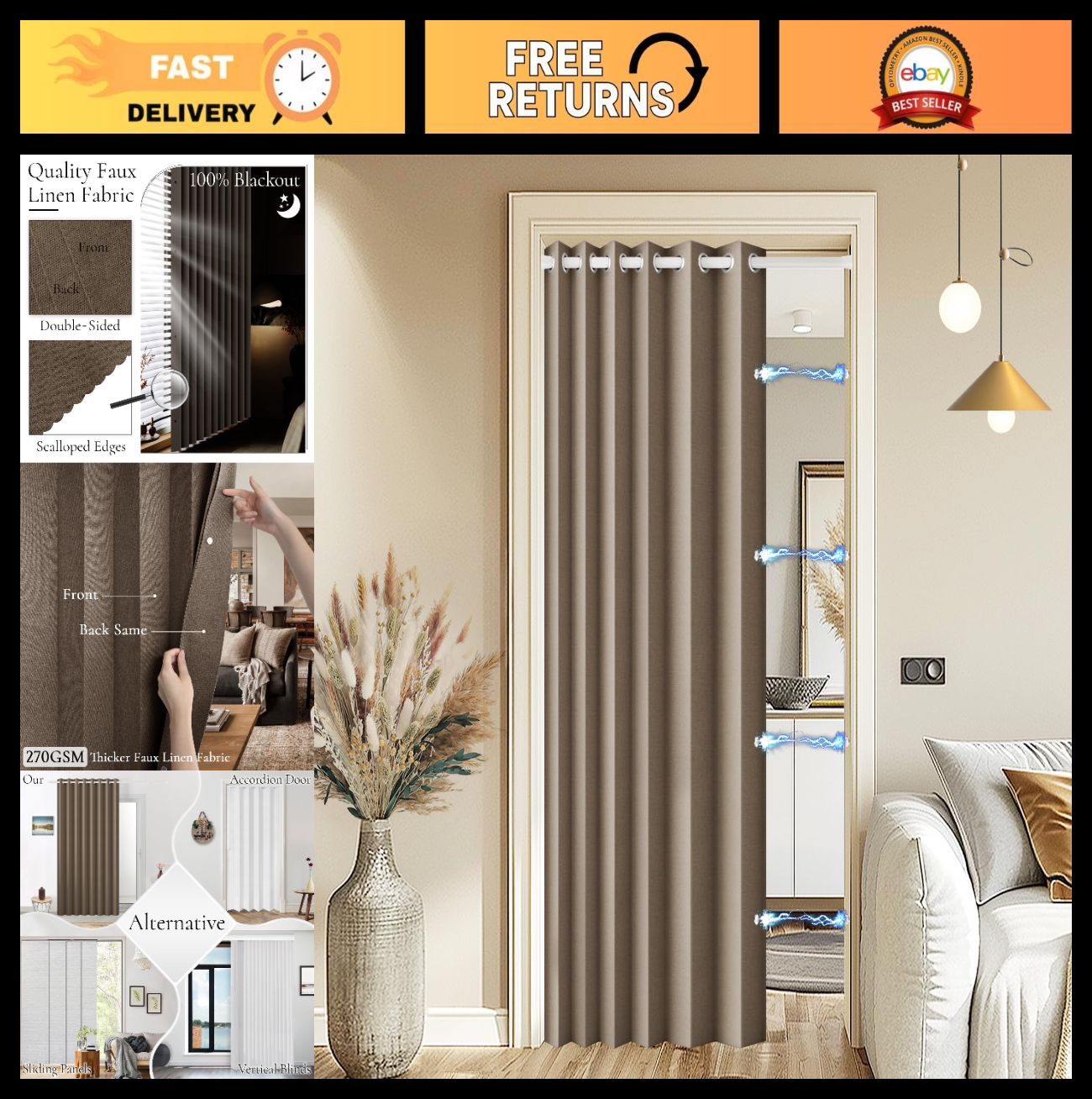100% Blackout Magnetic Accordion Door Curtain   80" Length, Brown, Single Panel,0