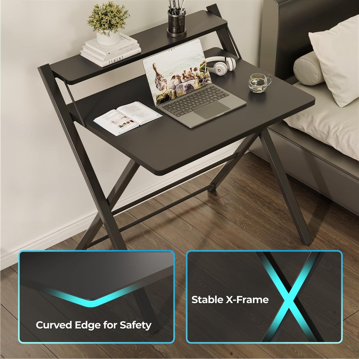 Compact Folding Desk with Shelf - Space Saving Laptop Table for Home Office & Do5