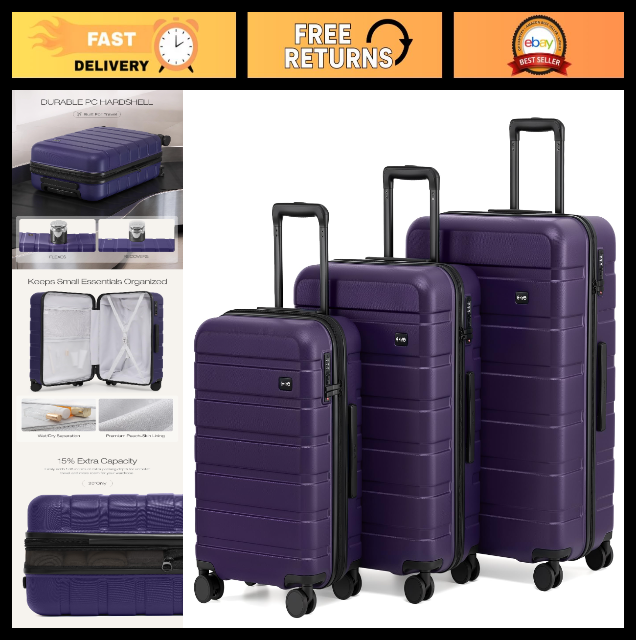 Lightweight Durable Hardshell Luggage Set - 3 Piece Expandable Suitcase, 360° Sp0