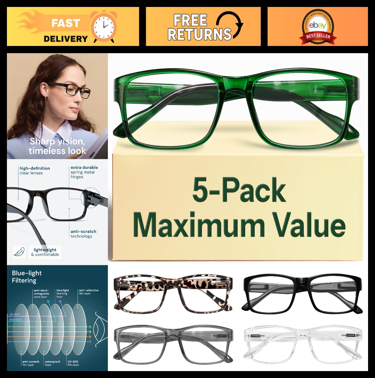 2.5x Professional Reading Glasses - All Day Comfort, Blue Light Protection, FSA-0