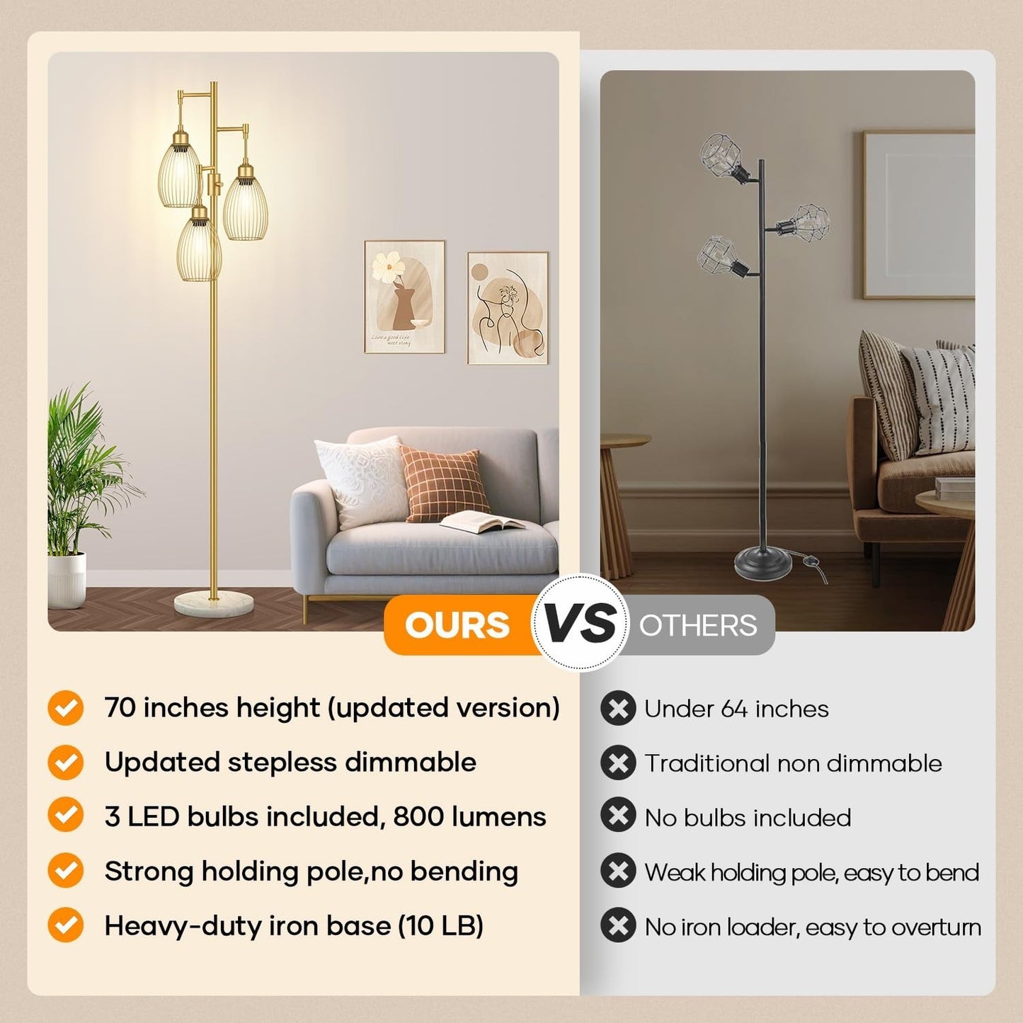 Dimmable Floor Lamp with 3 LED Bulbs, Industrial Tree Design, Gold & Marble Base2