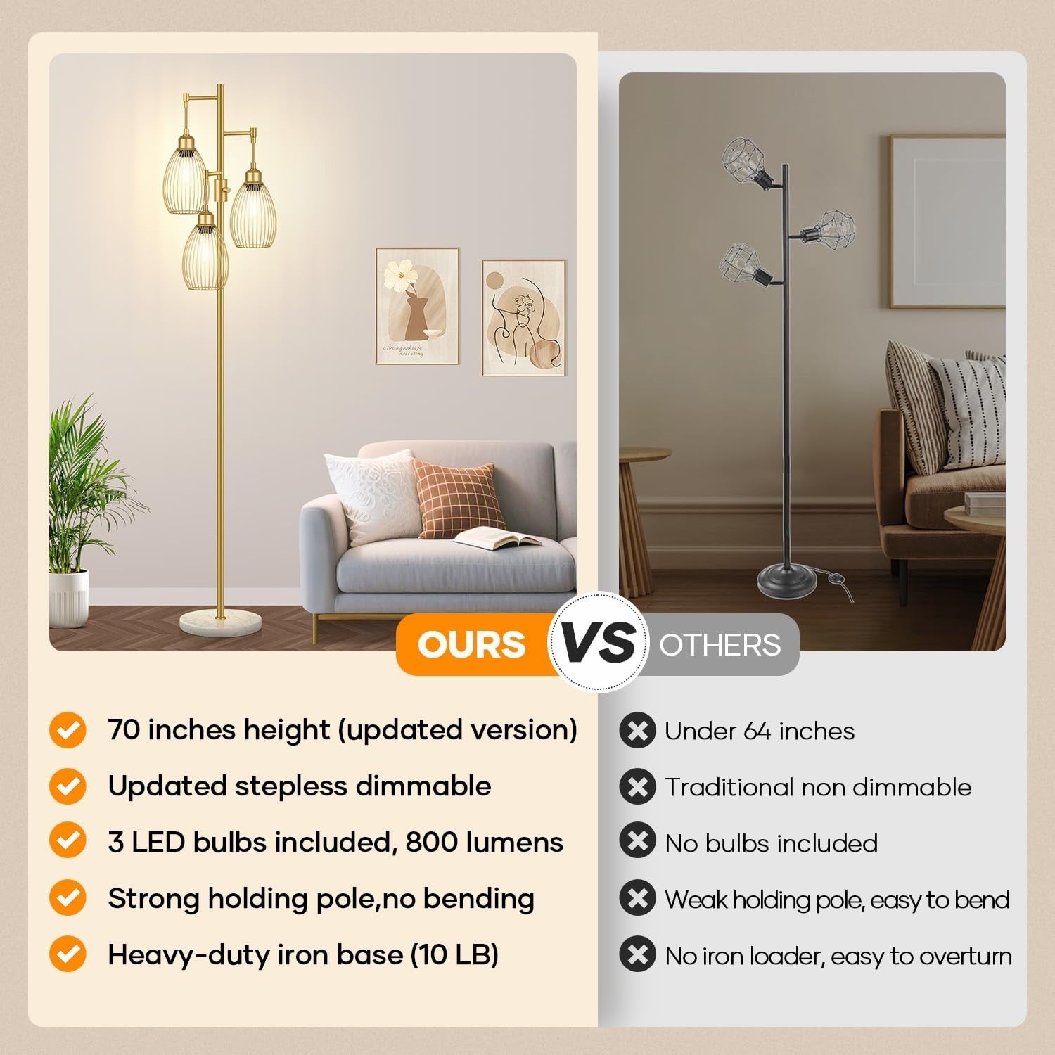 Dimmable Floor Lamp with 3 LED Bulbs, Industrial Tree Design, Gold & Marble Base2