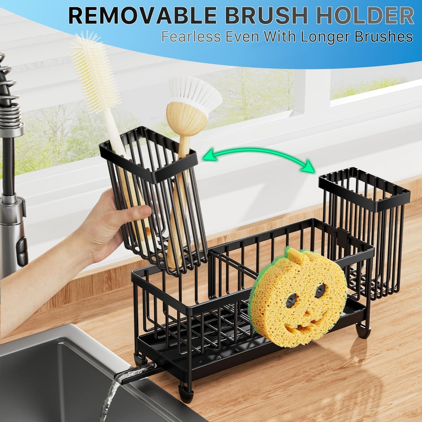 Kitchen Sink Sponge Holder Caddy Organizer, Rustproof 304 Stainless Steel, Black3