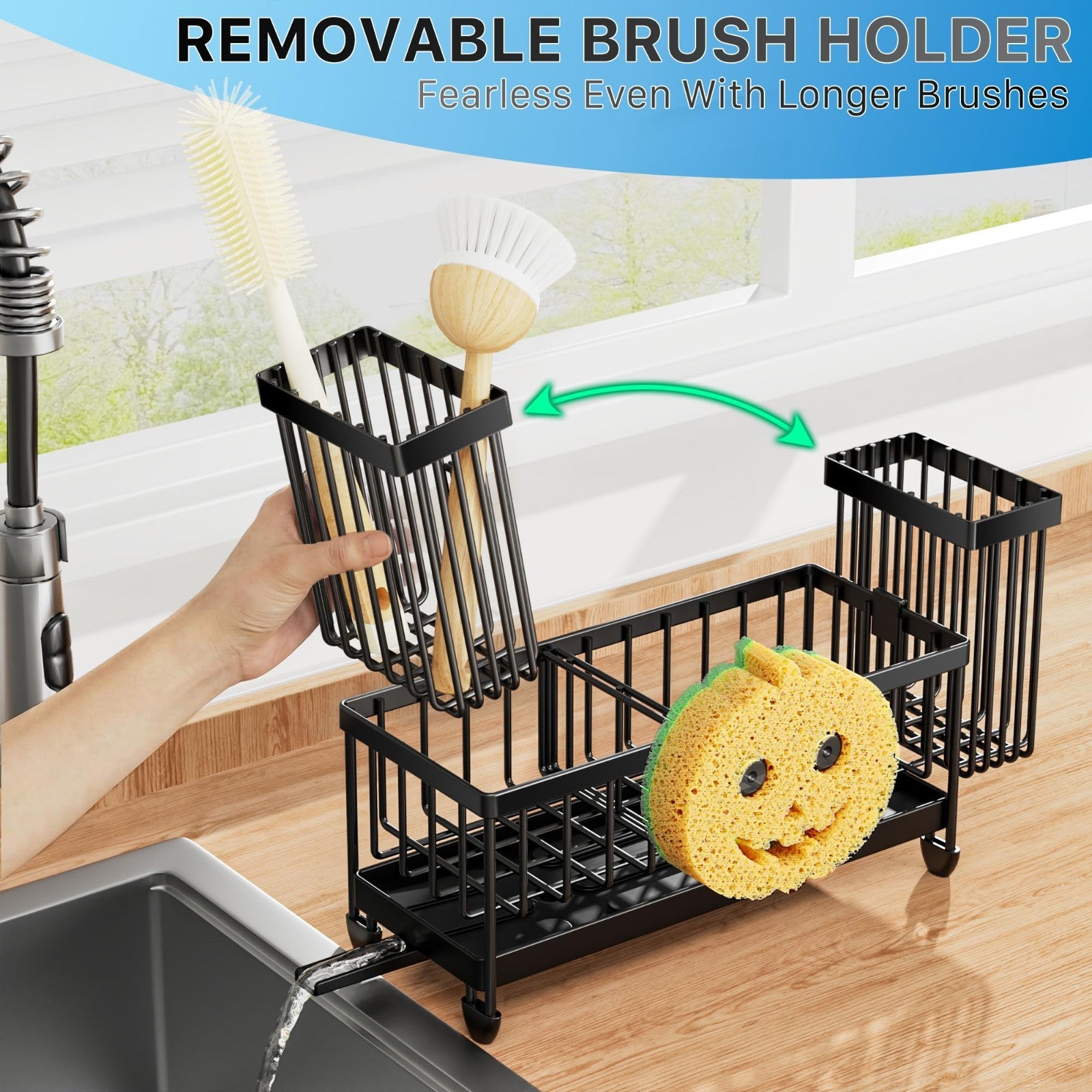 Kitchen Sink Sponge Holder Caddy Organizer, Rustproof 304 Stainless Steel, Black3