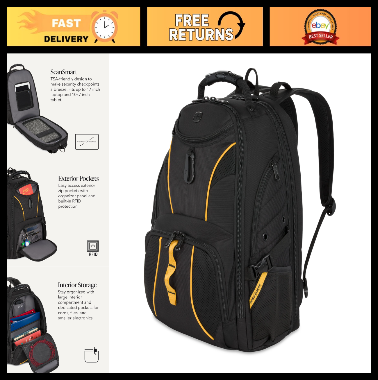 TSA Friendly 17 Inch Laptop Backpack, RFID Protection, Lay Flat Design, Tablet P0