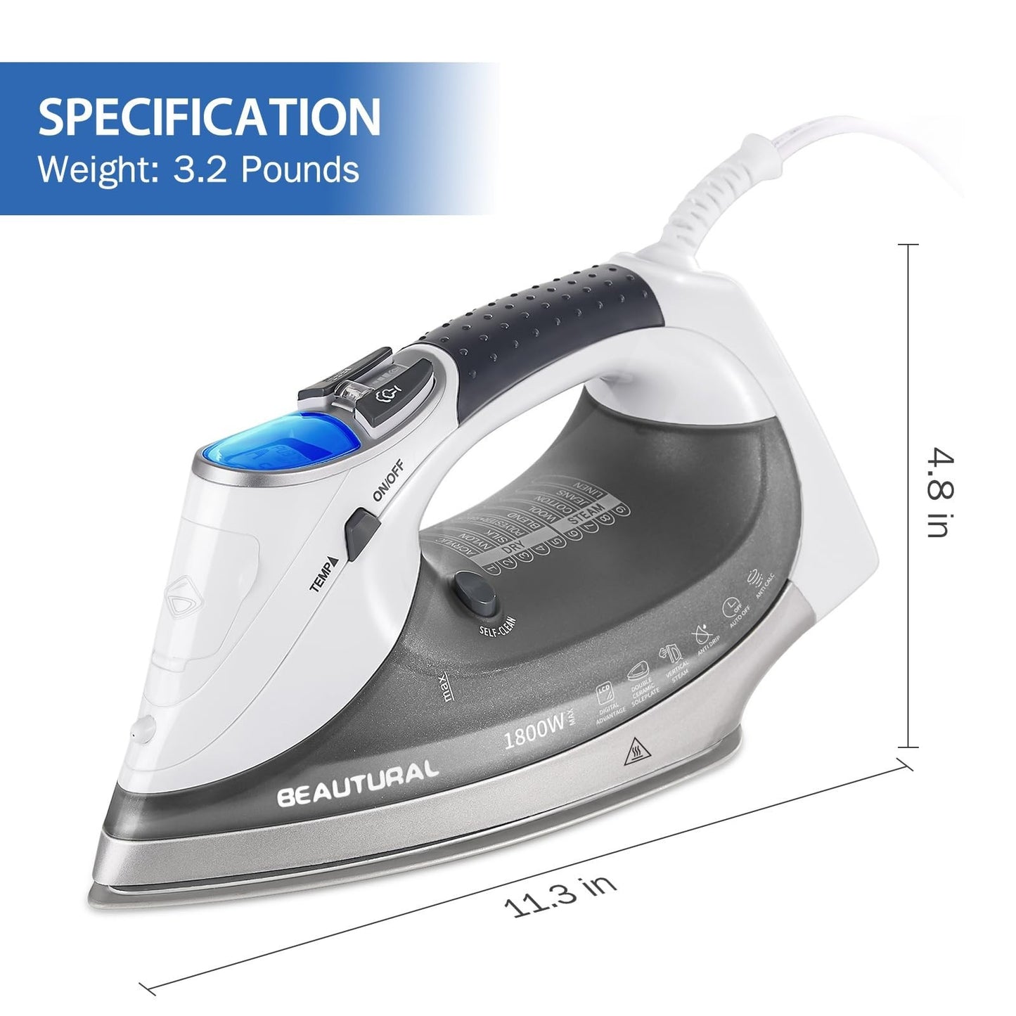 1800W Steam Iron with LCD Screen, 3-Way Auto Shutoff, Ceramic Soleplate, Burst S2