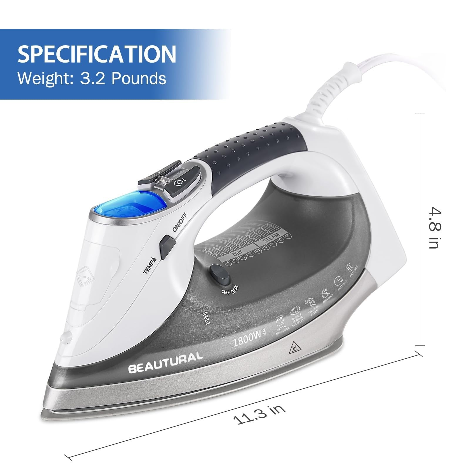 1800W Steam Iron with LCD Screen, 3-Way Auto Shutoff, Ceramic Soleplate, Burst S2