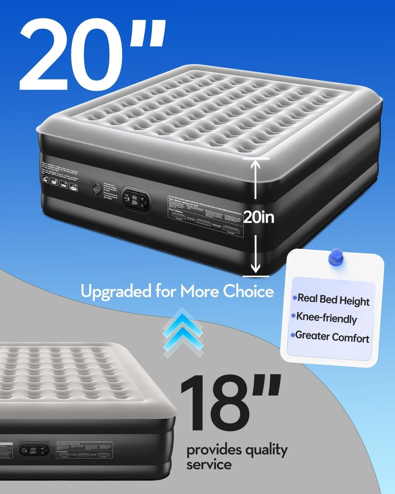 20" Raised King Size Air Mattress with Built in Pump, 1000lb Capacity, Flocked T2