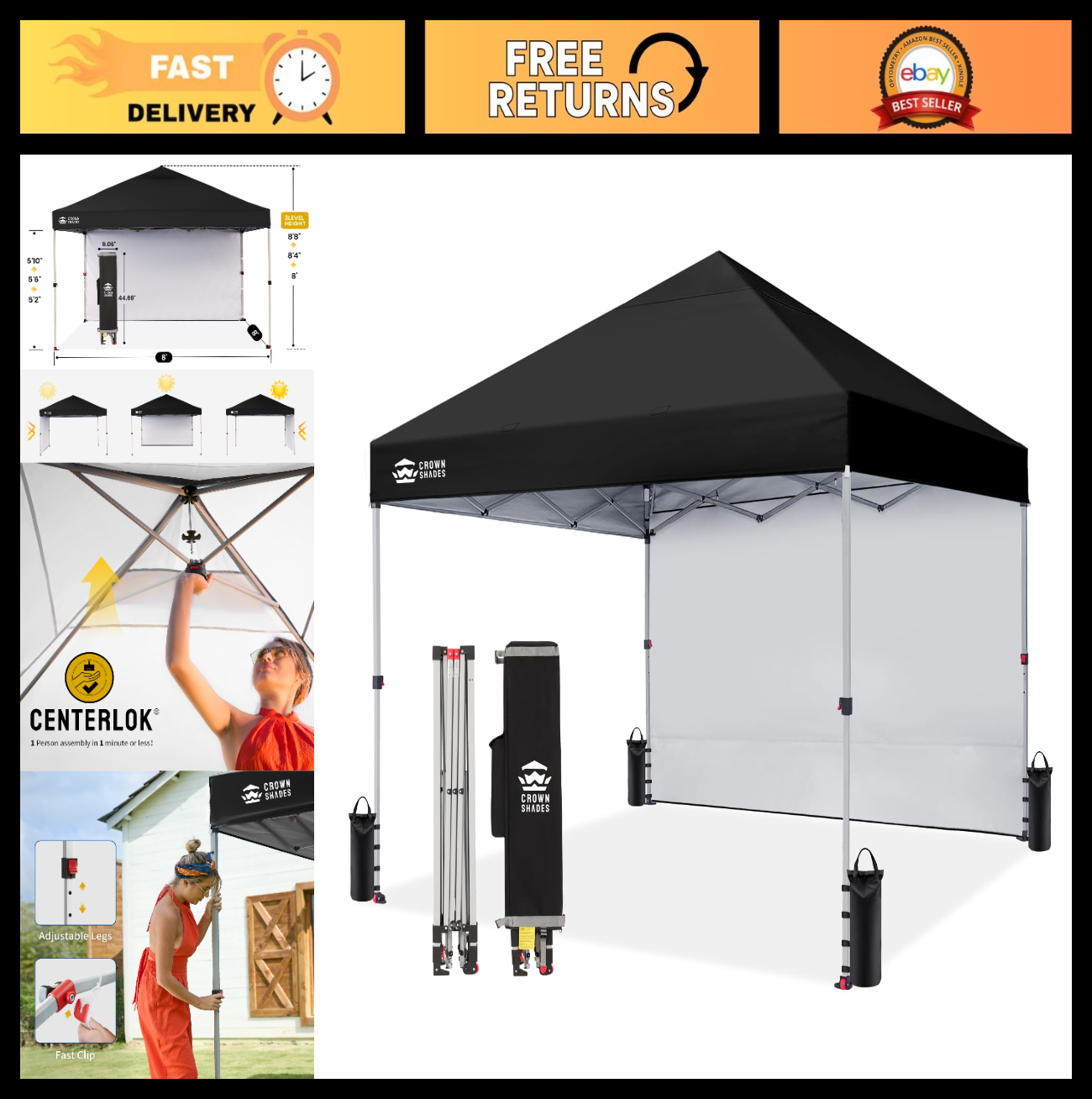 8x8 Pop Up Canopy Tent with Side Wall   Easy Setup Outdoor Gazebo, Beach Shade,0