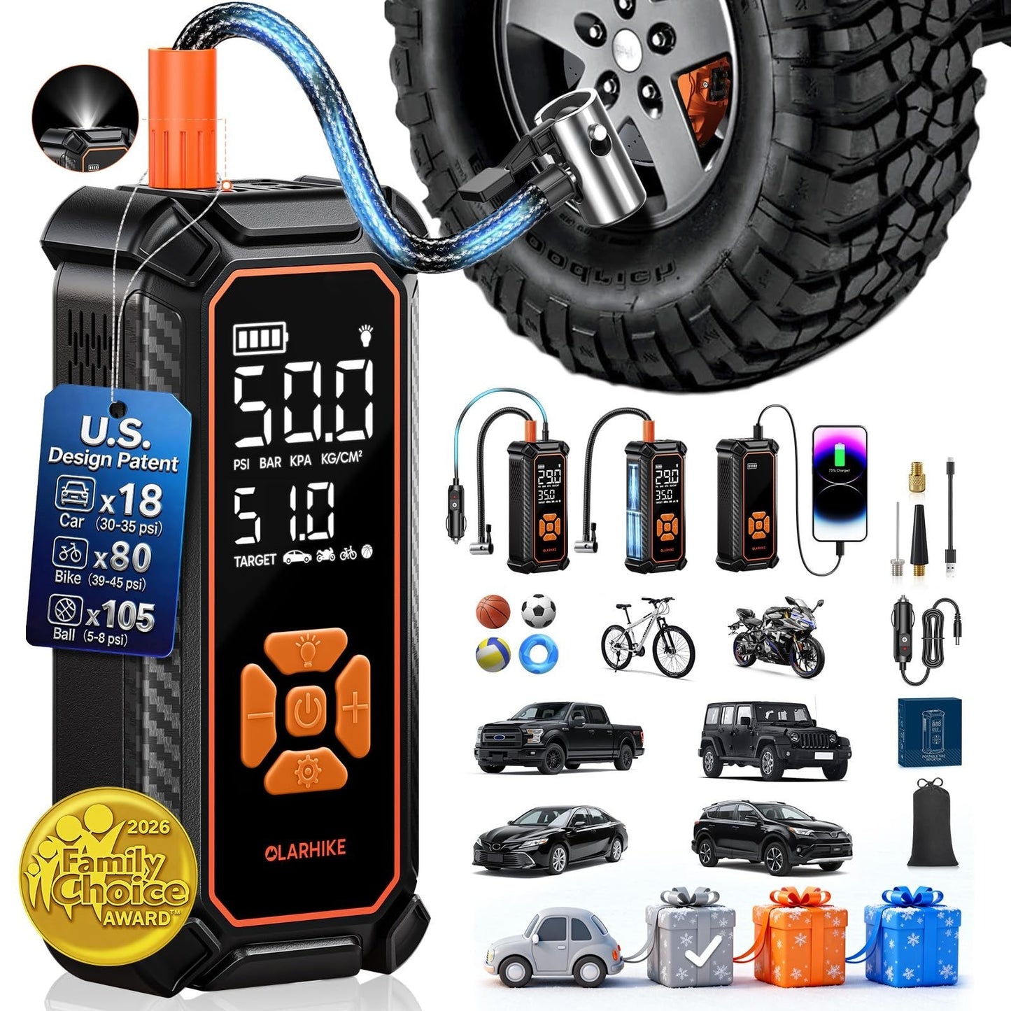 Portable Tire Inflator Air Compressor   6000mAh & 12V DC, Cordless Pump for Cars1