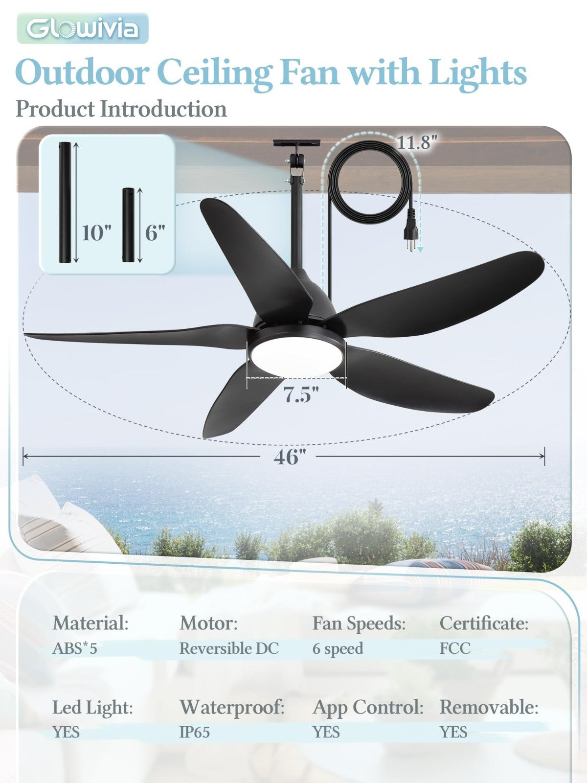 46" Waterproof Outdoor Ceiling Fan with Lights, Remote Control, 6 Speeds, Dimmab4
