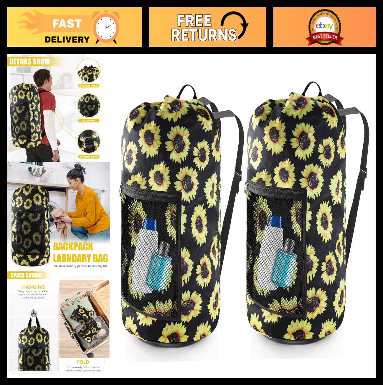 Extra Large Travel Laundry Bag Backpack - 2PCS with Mesh Pocket & Adjustable Str0