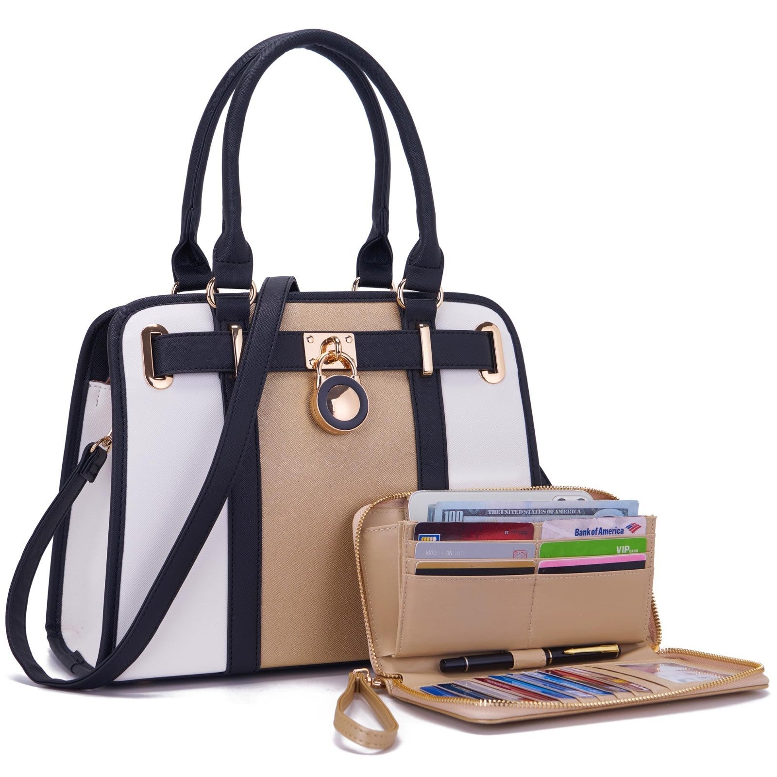 Stylish Structured Satchel Tote Handbag Set for Women with RFID Wallet - Fashion1