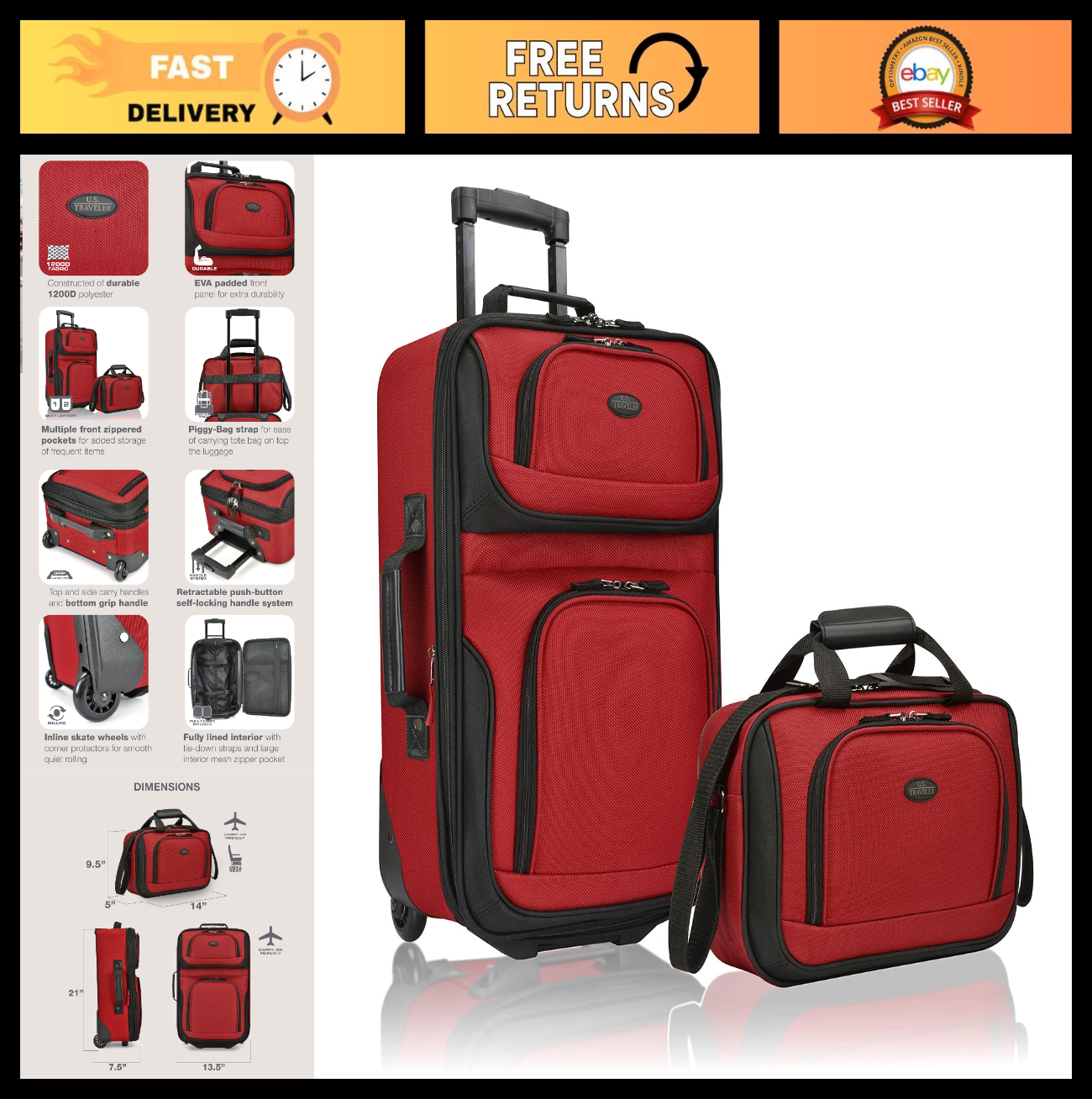 Lightweight Softside Rolling Carry-on Suitcase, 2-Wheel Travel Luggage Set, Red0