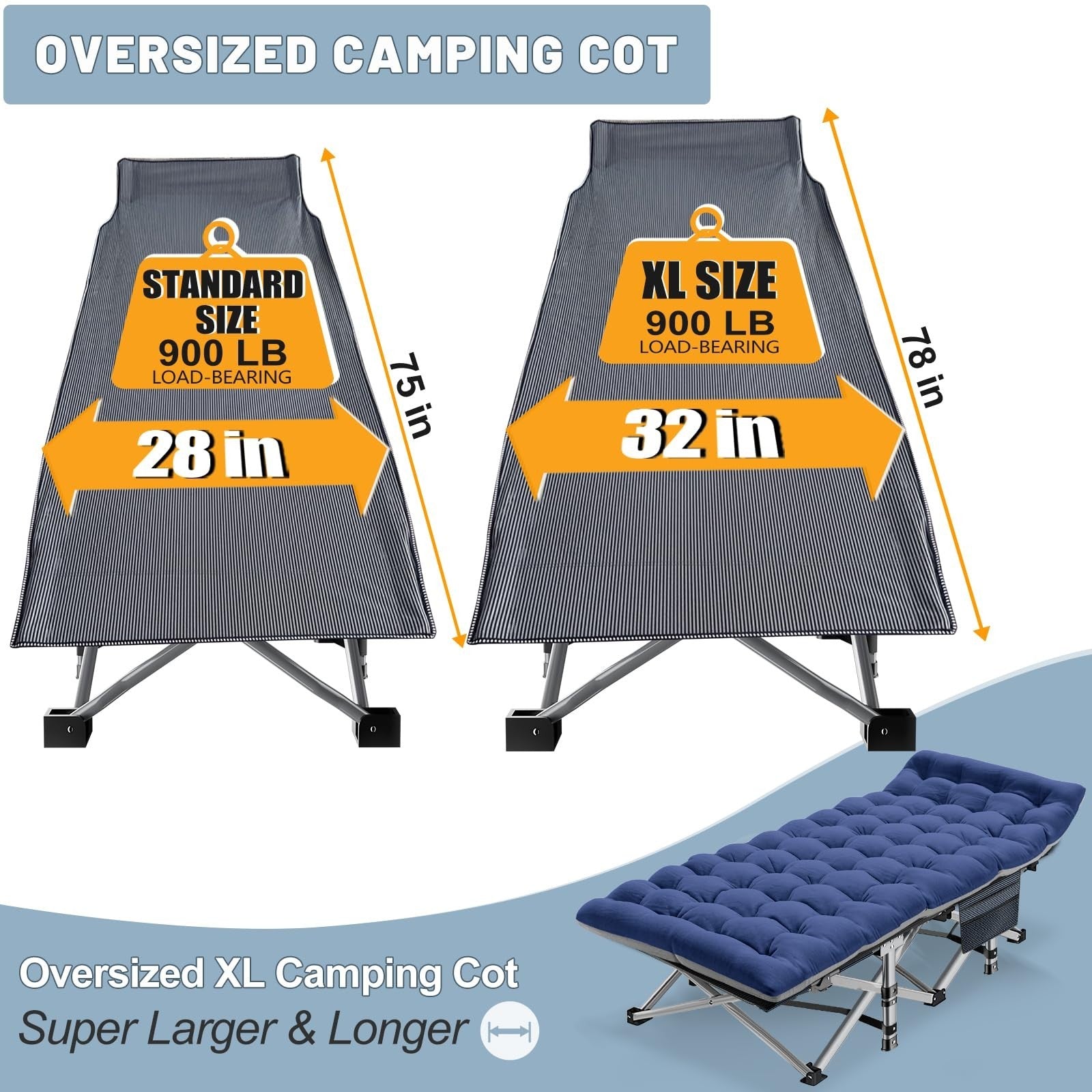 Oversized Folding Camping Cot for Adults   32" Wide, 900 lbs Capacity, Includes3