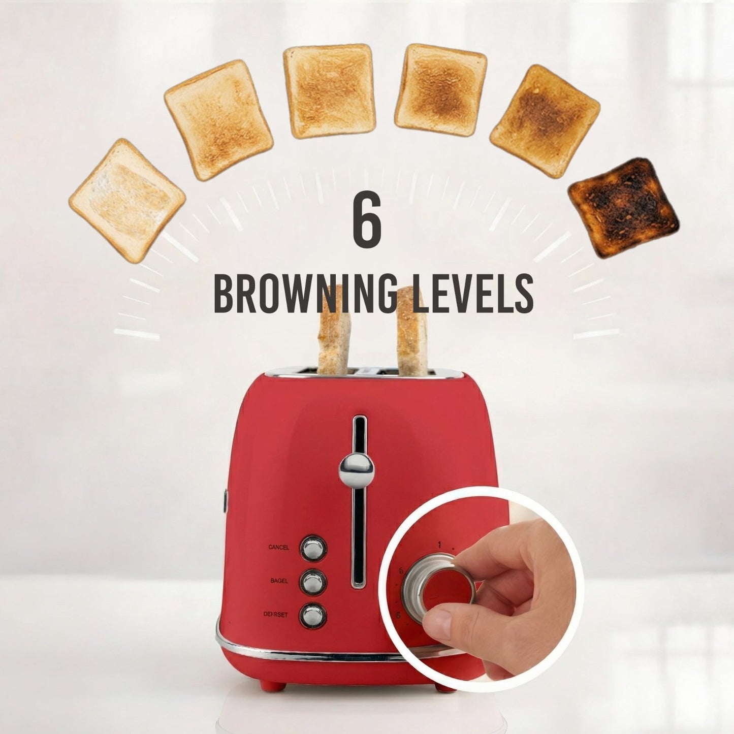 Vintage Retro 2 Slice Toaster   Enamel Steel, Wide Slots, 6 Toast Levels, Red4