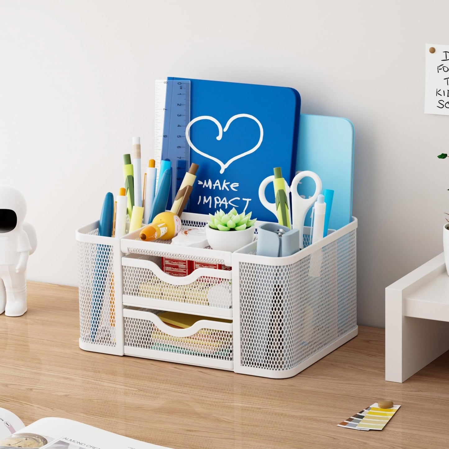 Multi Functional Mesh Desk Organizer with 2 Drawers, 5 Compartments, White Penci3
