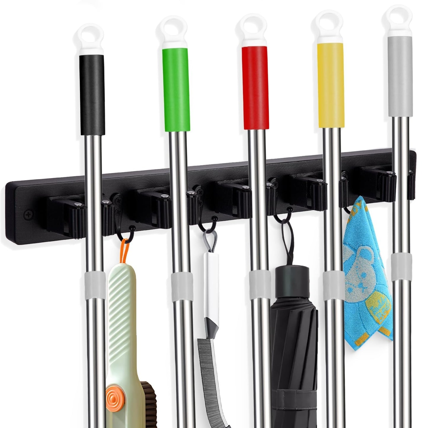 Wall Mounted Broom Holder with 5 Slots & 4 Hooks - Rustic Wood Tool Organizer Ra1