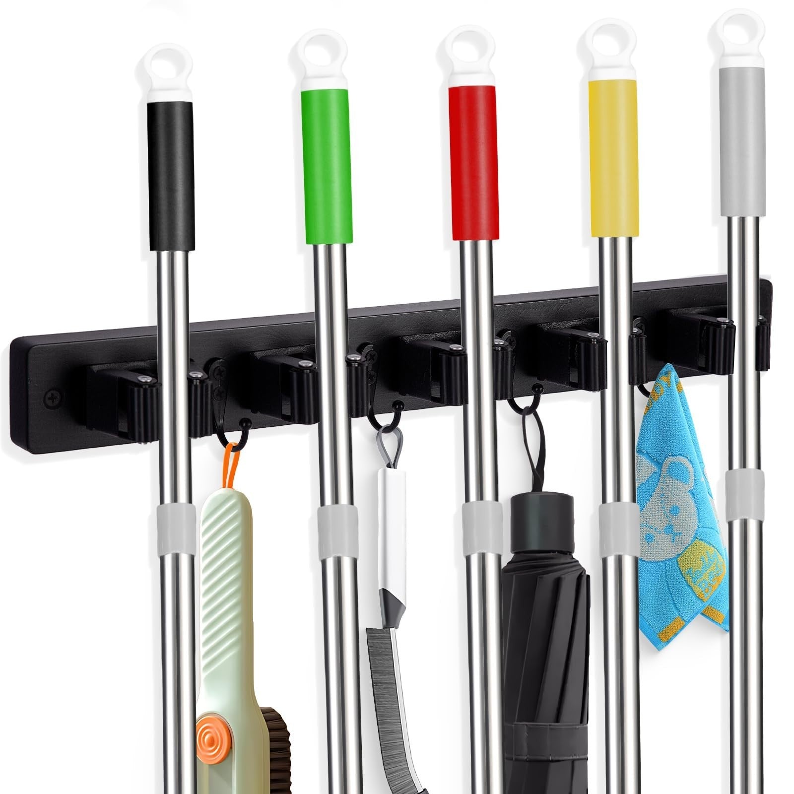 Wall Mounted Broom Holder with 5 Slots & 4 Hooks - Rustic Wood Tool Organizer Ra1