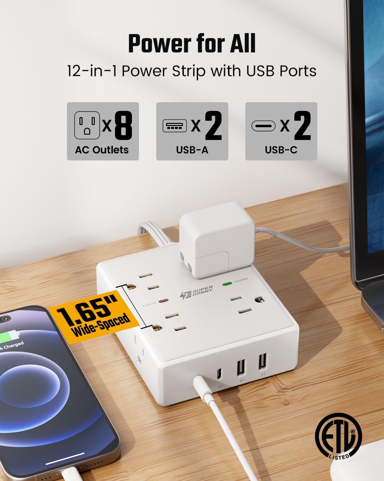 15Ft Flat Plug Extension Cord with Surge Protector Power Strip   6 Outlets2