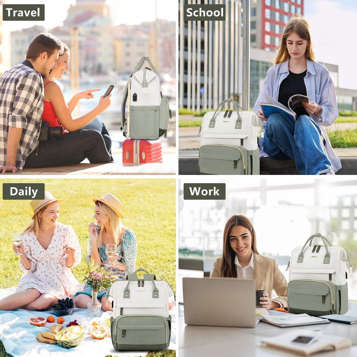 15.6" Laptop Backpack for Women, USB Charging, Large Travel Work Bag, Casual Day6