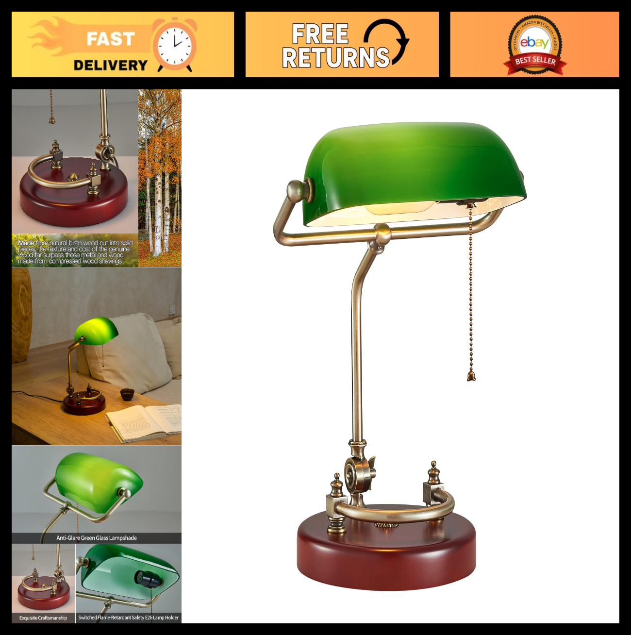 Vintage Green Glass Bankers Desk Lamp with Solid Wood Base, Pull Chain Switch, E0