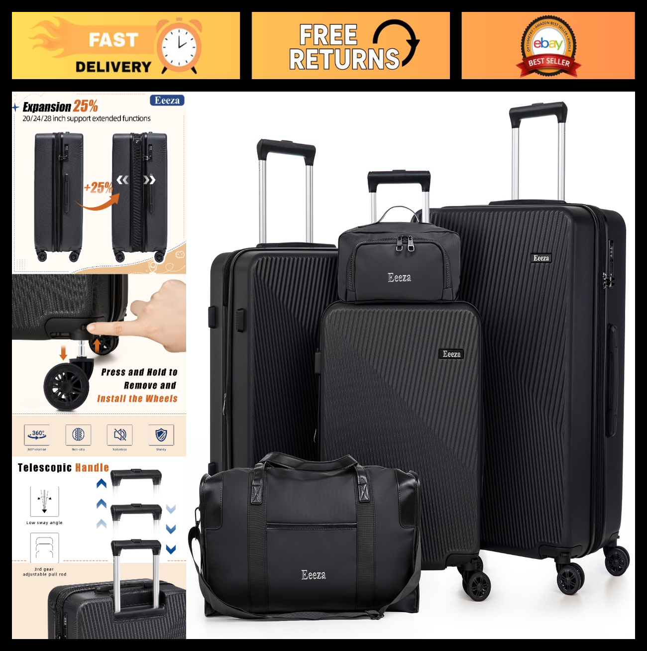5-Piece Hardshell Luggage Set with Spinner Wheels | ABS Suitcases 20/24/28" Blac0