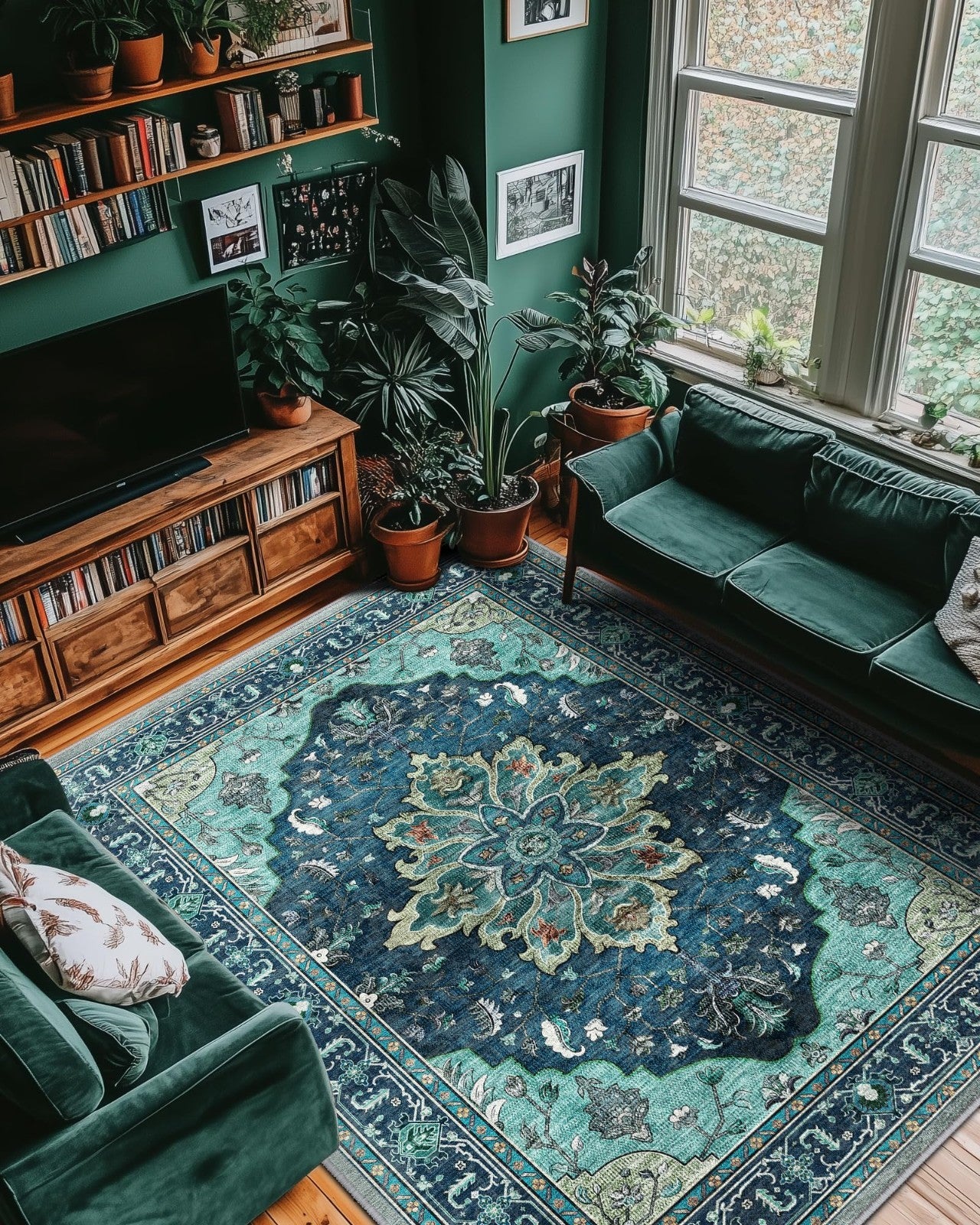 Washable 8'x10' Area Rug   Teal Vintage Floral Boho, Non Slip, Water Repellent,2