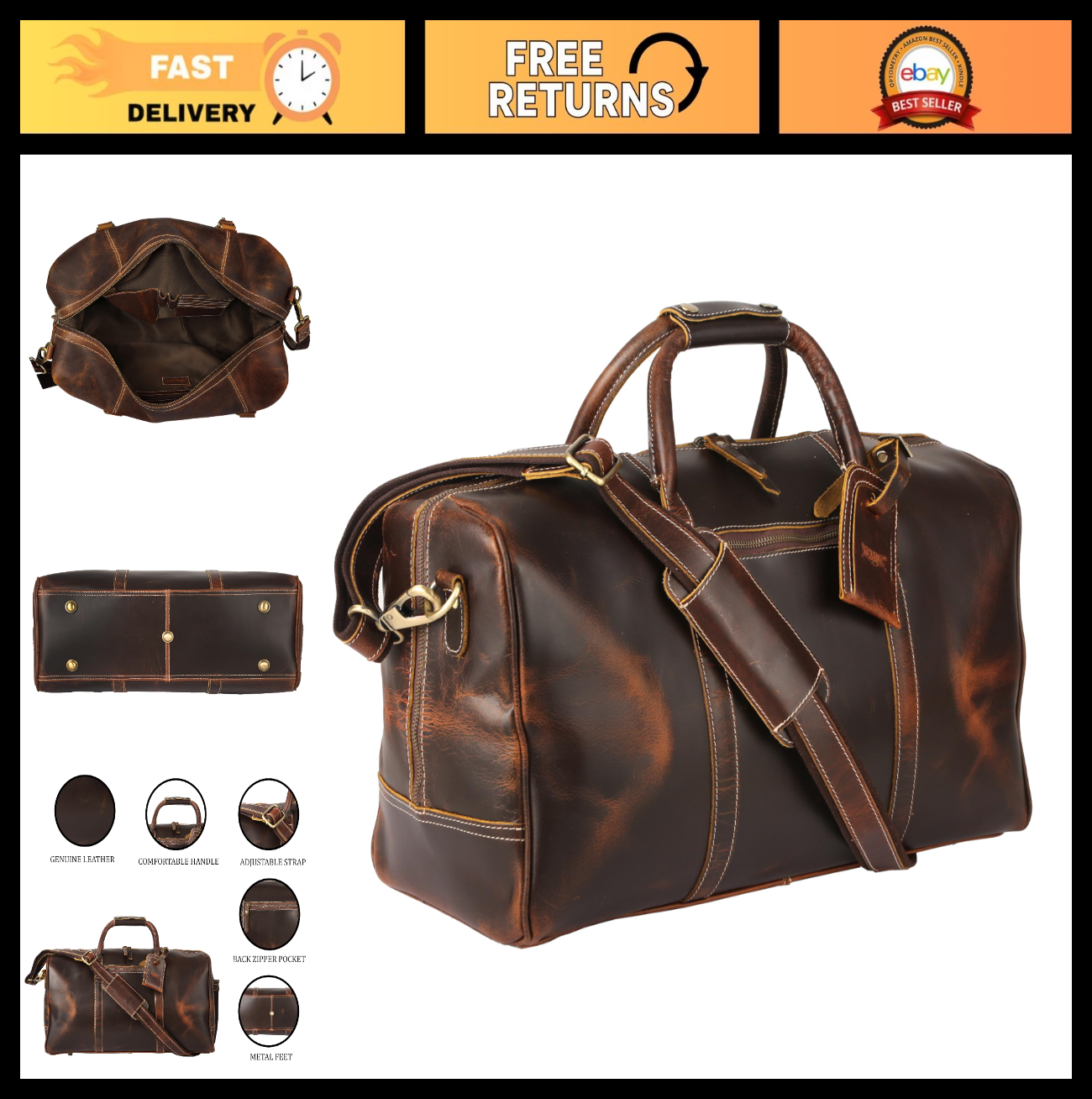 Leather Duffle Bag for Travel, Overnight & Gym - 20 Inch Holdall for Men & Women0