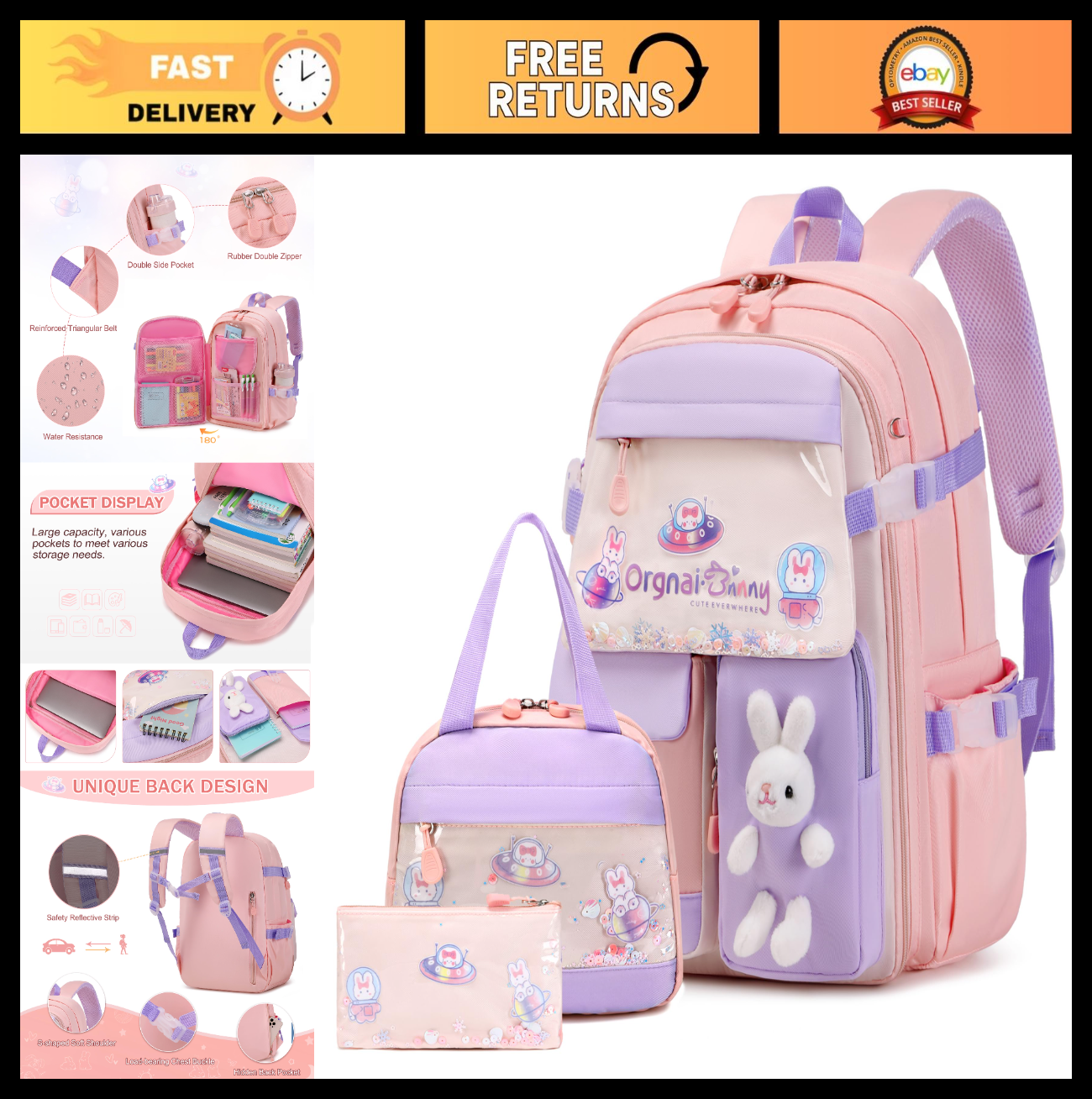 Kawaii Bunny Girls Backpack Set   3PCS School Bag with Lunch Box & Pencil Case,0