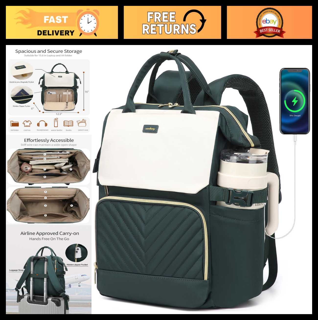 Stylish Computer Backpack for Women   Laptop Bookbag with USB Charger & Cup Hold0