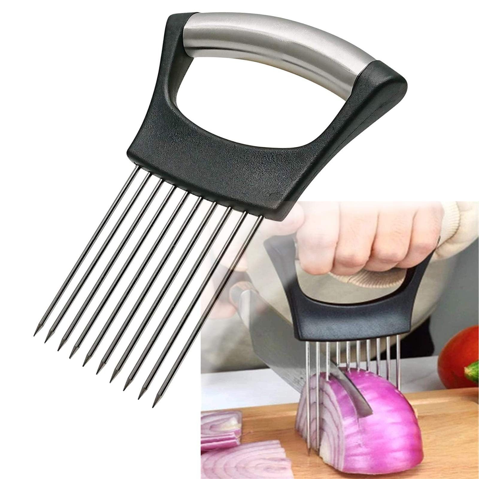 Stainless Steel Onion Holder & Slicer   Kitchen Gadget for Onions, Tomatoes, Avo1