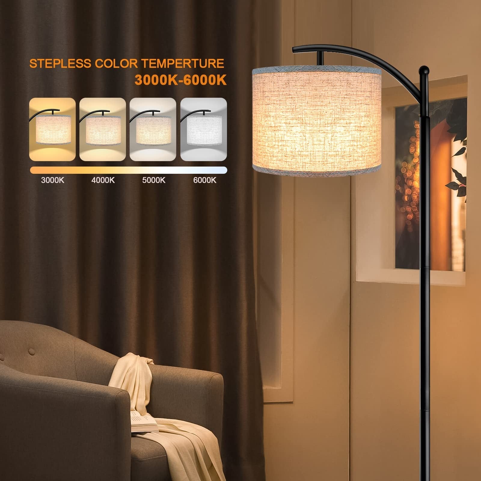 Modern LED Floor Lamp with Remote & Foot Switch, 4 Color Temperatures, Black2