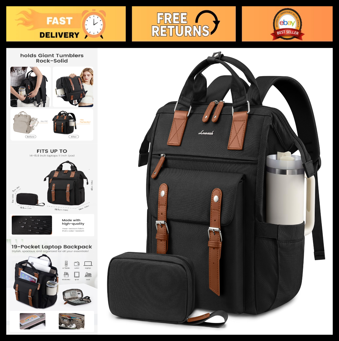 Stylish Waterproof Laptop Backpack for Women, 15.6" with Tumbler Holder, Travel0