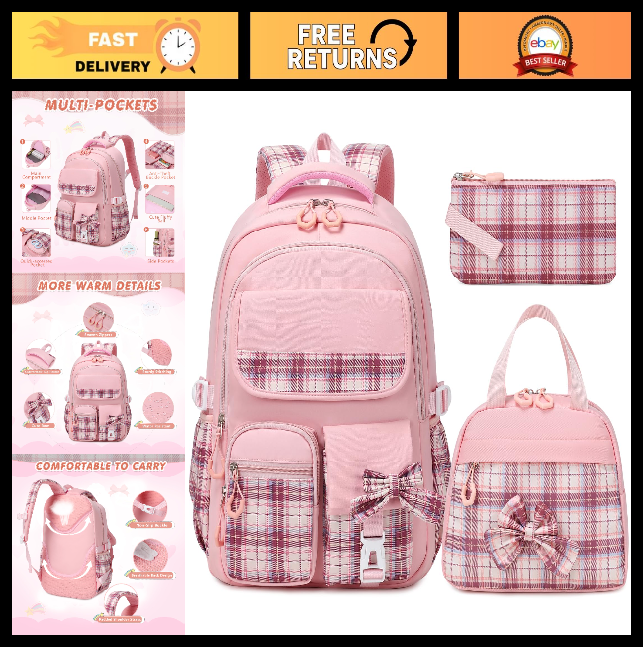 Stylish 3PCS School Backpack Set for Girls, 17" Bow Plaid Bookbag, Durable & Tre0