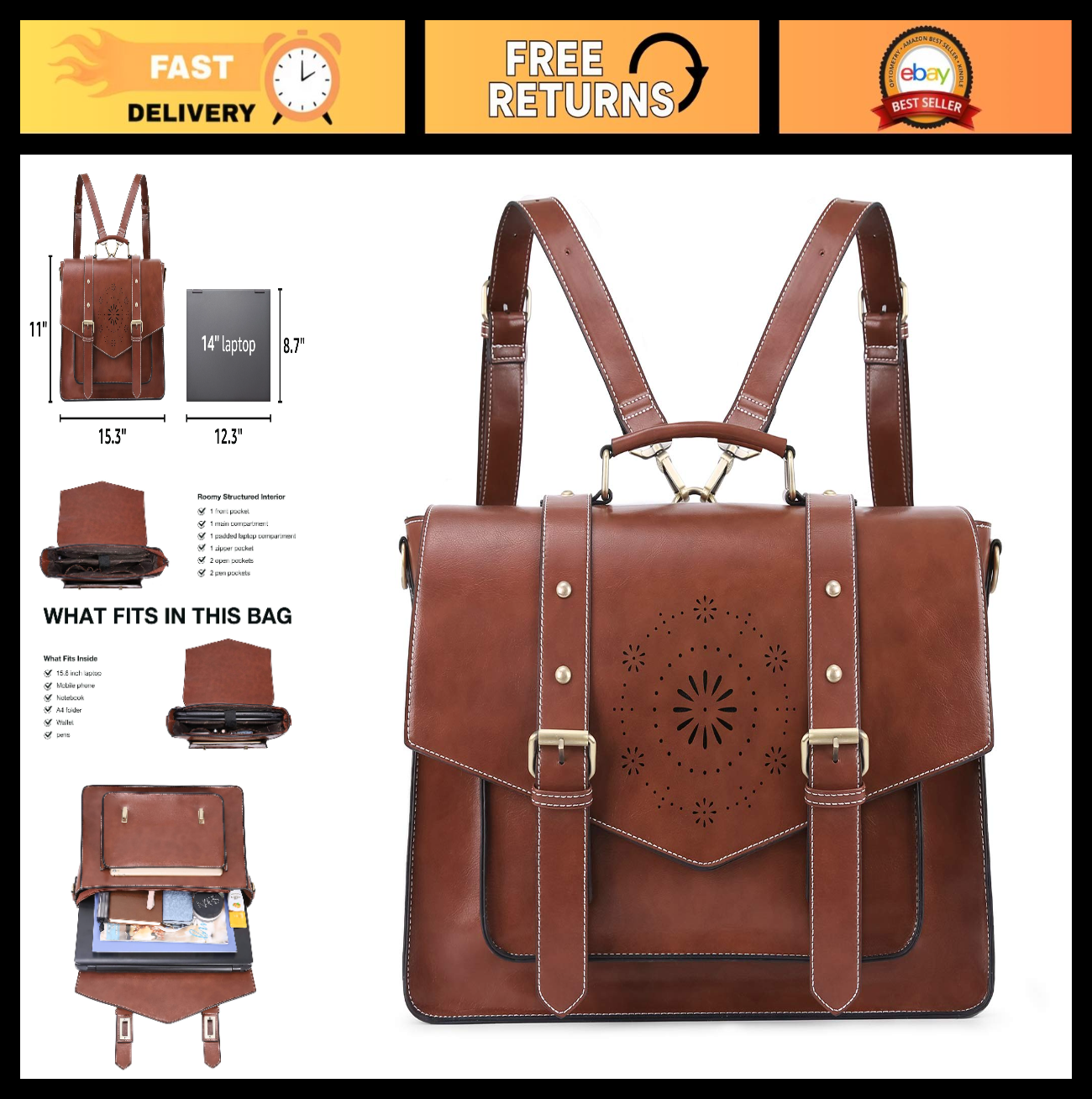Vegan Leather Laptop Backpack Briefcase for Women, 15.6" Satchel Work Bag - Coff0