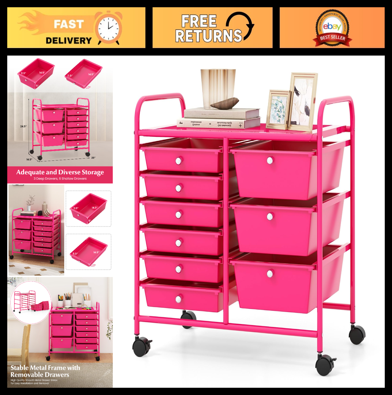 9 Drawer Rolling Storage Cart   Mobile Utility Cart with Wheels for Craft & Art0