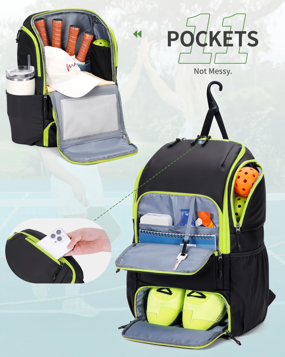 Waterproof Pickleball Bag with Shoe Compartment & Fence Hook | 30L, 2 Pockets, A3
