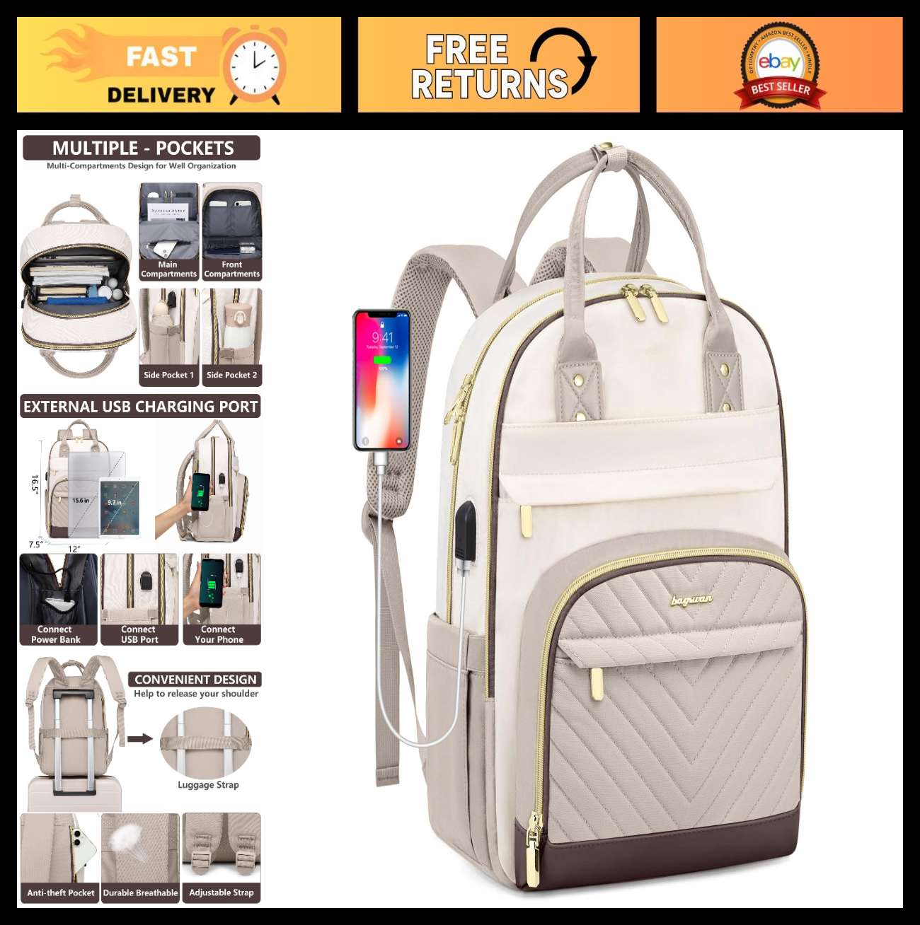 Stylish 15.6" Laptop Backpack for Women   Waterproof Travel Bag with USB Charger0