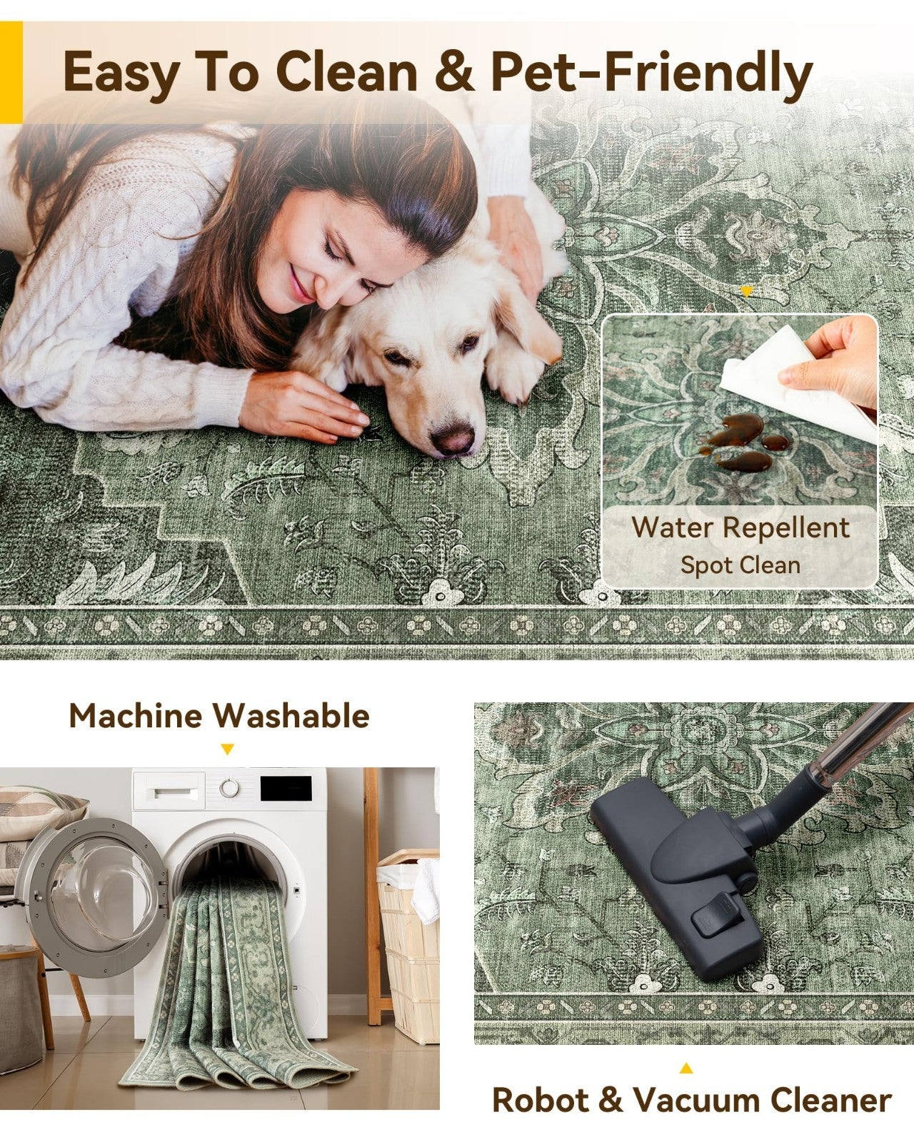 Washable 8'x10' Area Rug   Green/Dark Green/Gray, Non Slip, Pet Friendly, Vintag4