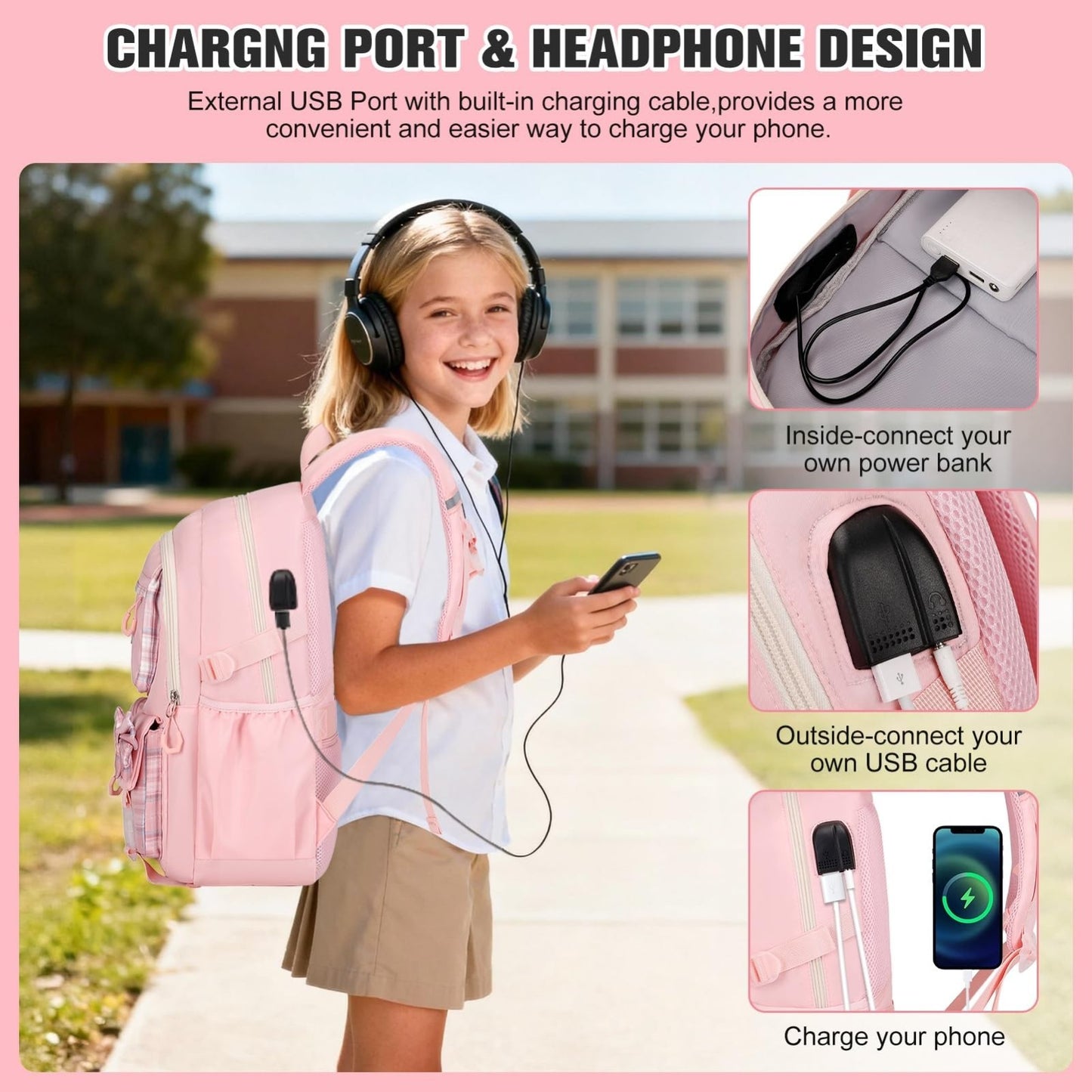 Cute Bow Backpack for Girls, School Bag Set with Lunch Bag & Pencil Case3