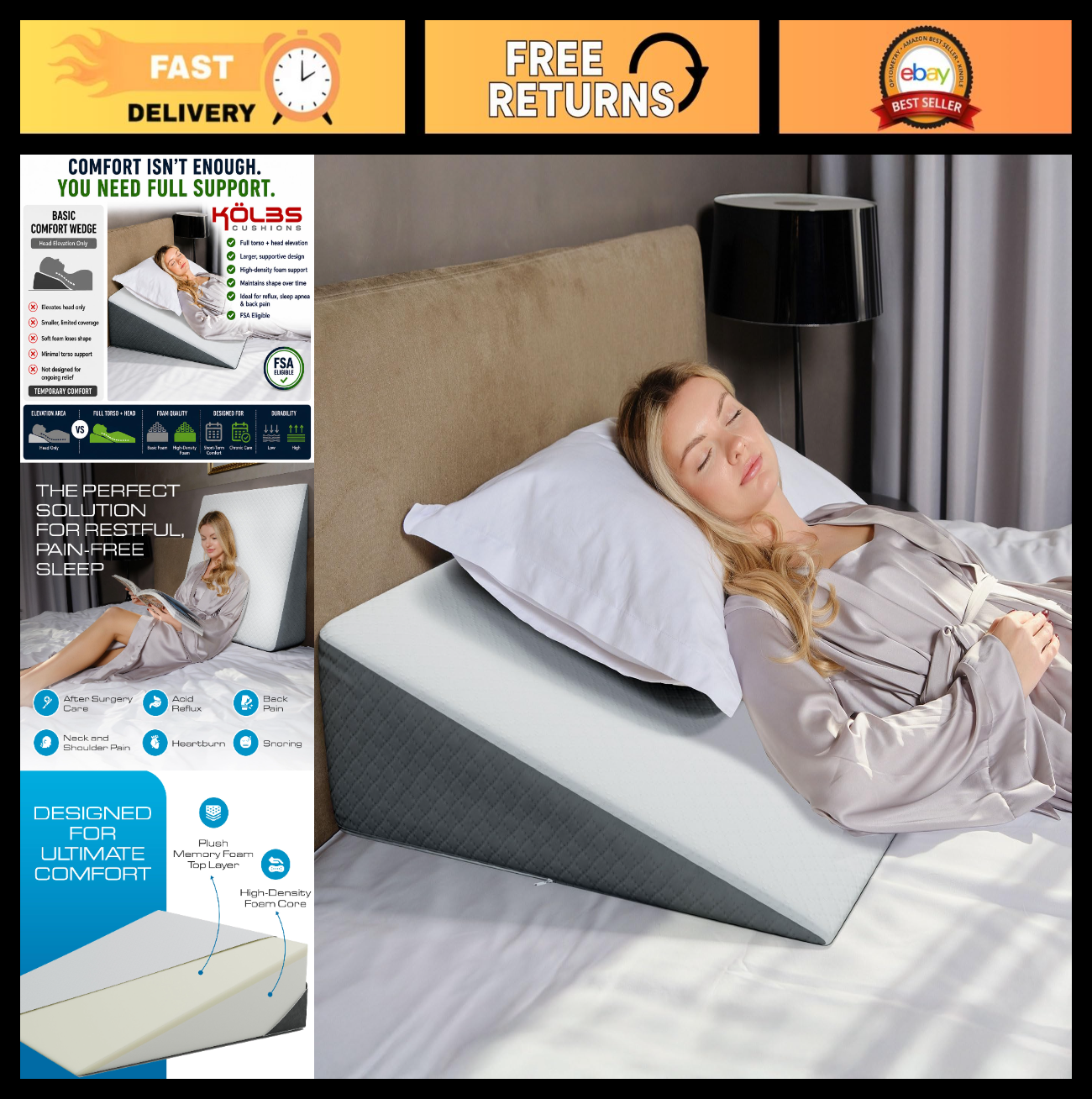 Extra Wide Bed Wedge Pillow for Sleep Apnea | Comfort Headboard Wedge 7.5" Heigh0