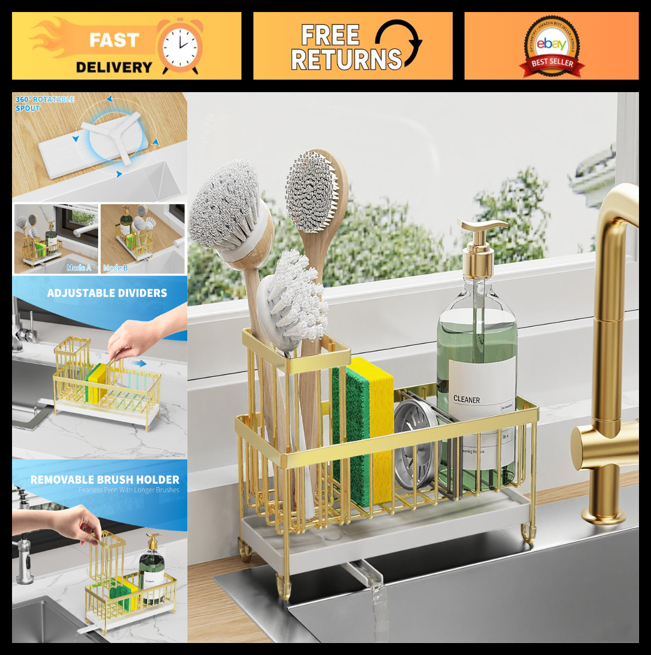 Kitchen Sink Sponge Holder Caddy Organizer, Rustproof 304 Stainless Steel, Gold,0