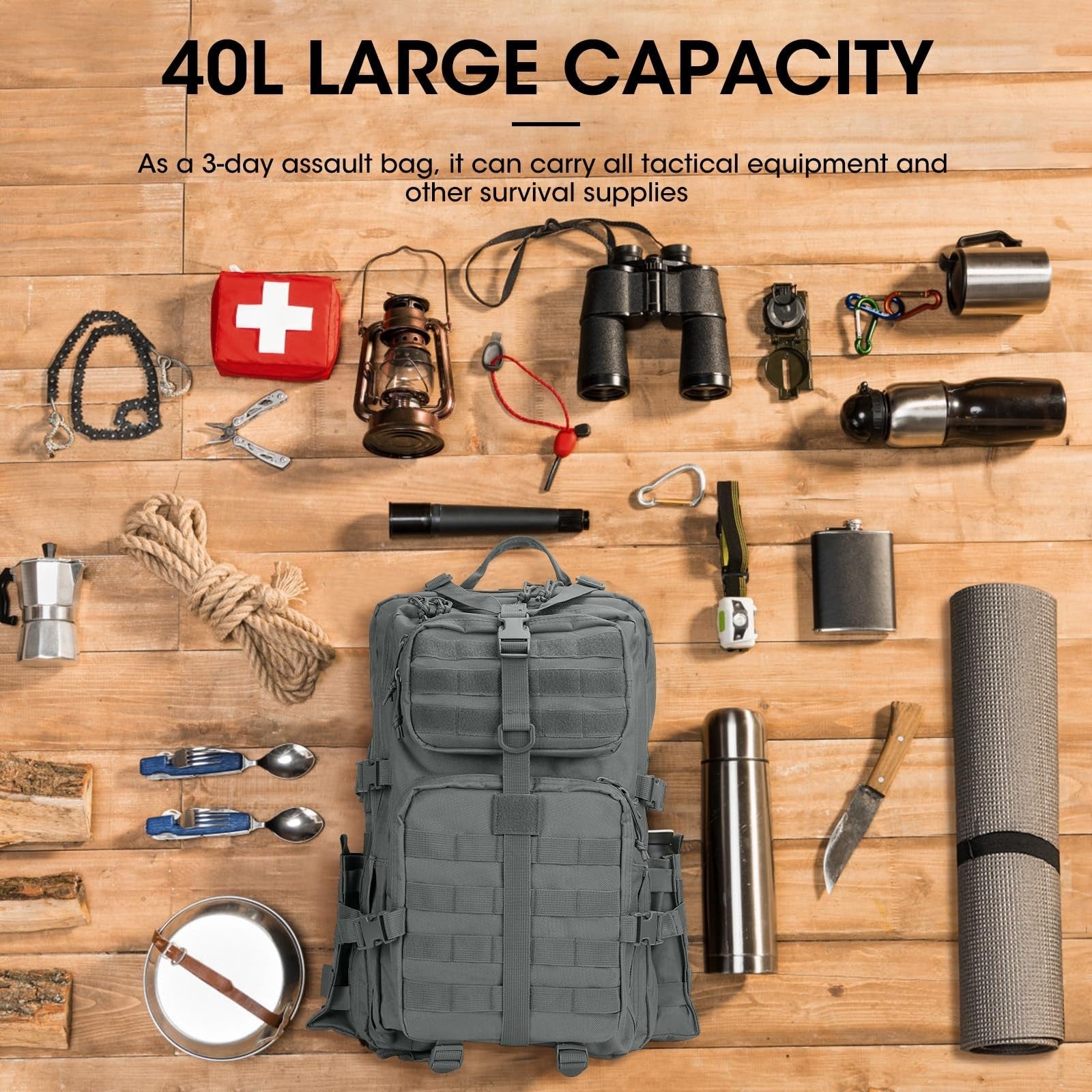 Tactical Military Backpack for Men   3 Day Survival Gear, Grey, Outdoor Travel3