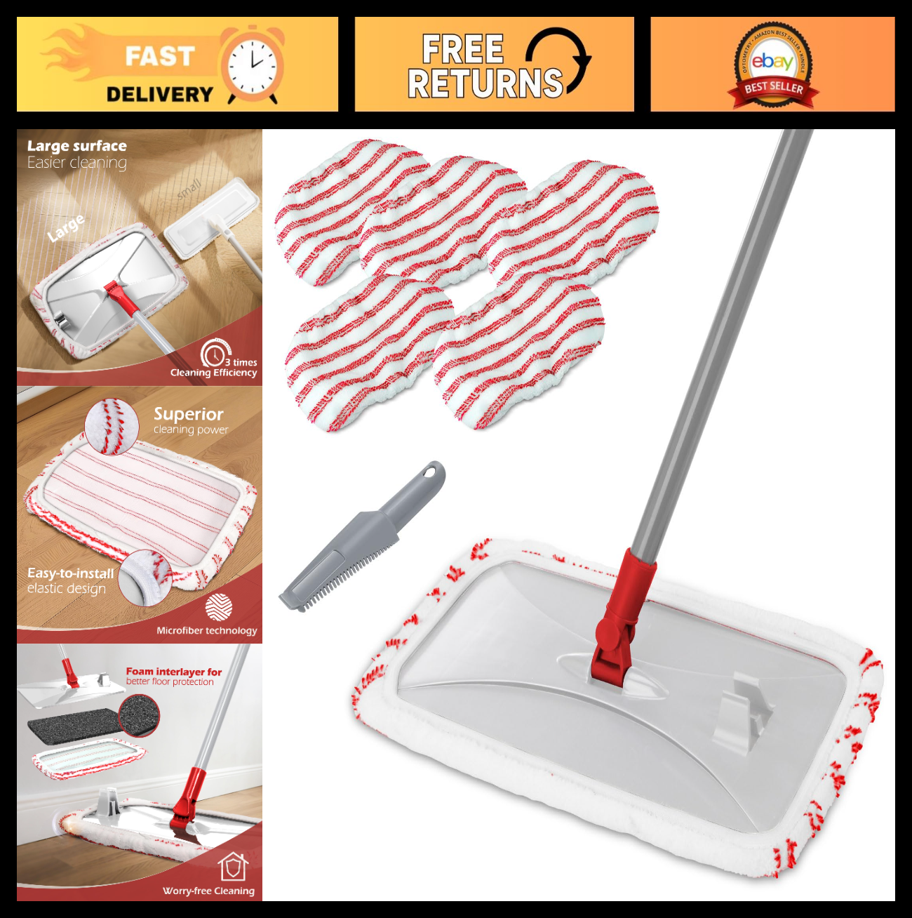 Extra Large Microfiber Flat Mop 16" with 5 Pads & Scraper for Wet/Dry Floor Clea0